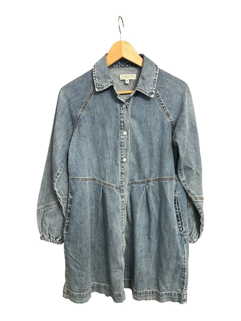 Habitual Denim Mini Dress XS Snap Boho Country Festival Puff Sleeve 100% Cotton